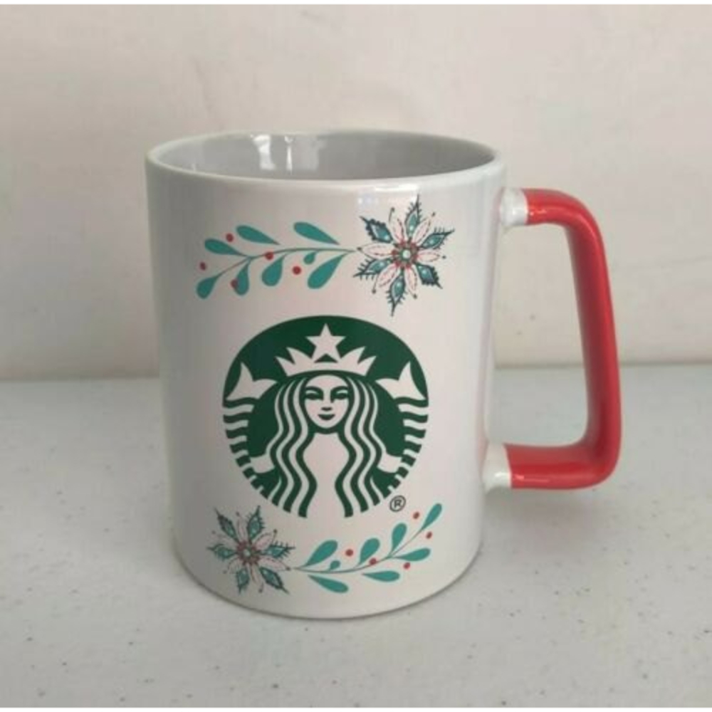 2020 Starbucks Christmas Holiday 11oz Coffee Mug Holly Flowers Red Handle EUC